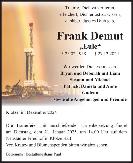 Traueranzeige von Frank Demut von Volksstimme Altmark West