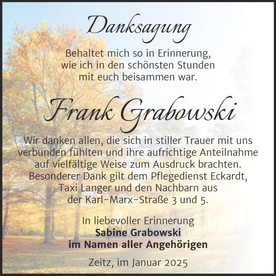Traueranzeige von Frank Grabowski von Trauerkombi Zeitz