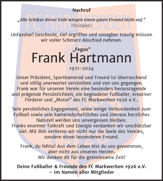 Traueranzeige von Frank Hartmann von Trauerkombi Weißenfels