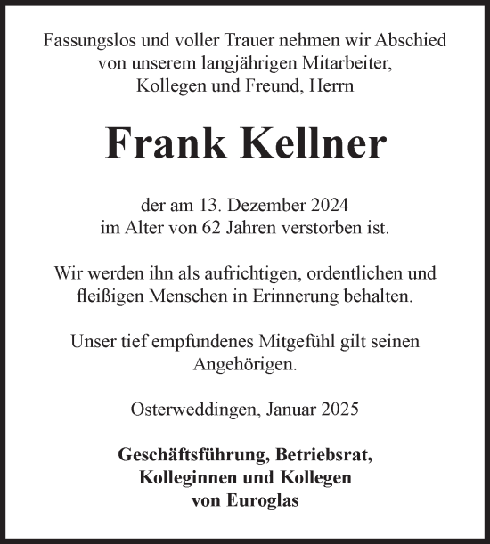 Traueranzeige von Frank Kellner von Volksstimme Oschersleben/Wanzleben