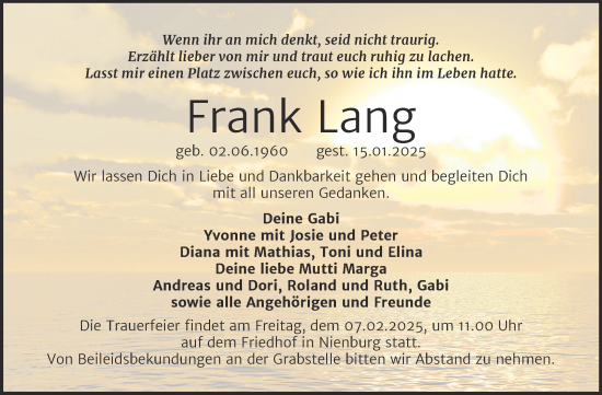 Traueranzeige von Frank Lang von Trauerkombi Bernburg