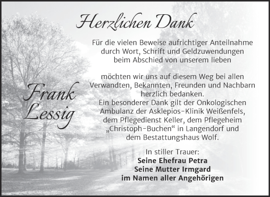 Traueranzeige von Frank Lessig von Trauerkombi Weißenfels