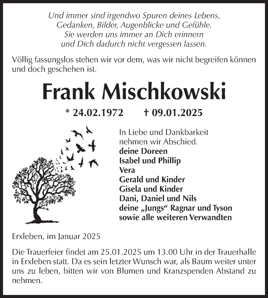  Traueranzeige für Frank Mischkowski vom 18.01.2025 aus Volksstimme Altmark Ost