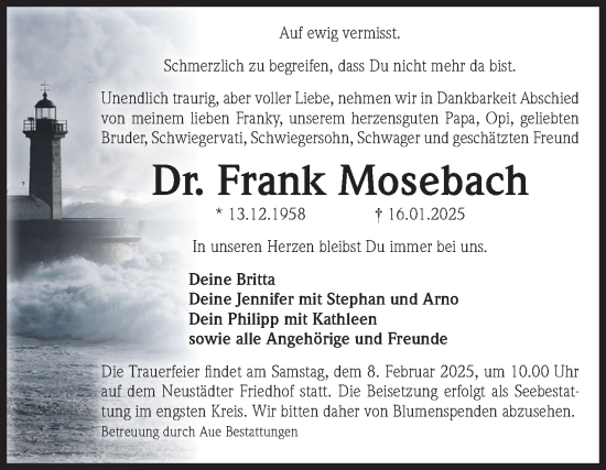 Traueranzeige von Frank Mosebach von Volksstimme Magdeburg
