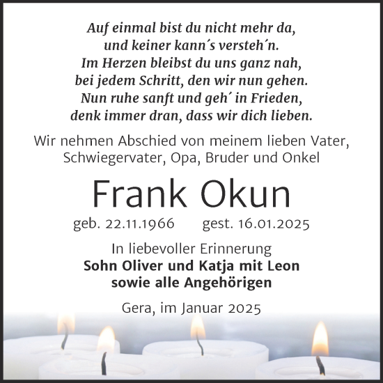Traueranzeige von Frank Okun von Trauerkombi Zeitz