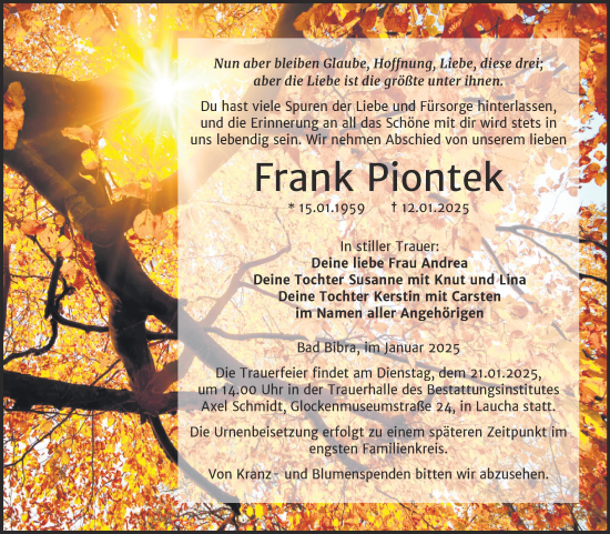 Traueranzeige von Frank Piontek von Super Sonntag Naumburg/Nebra