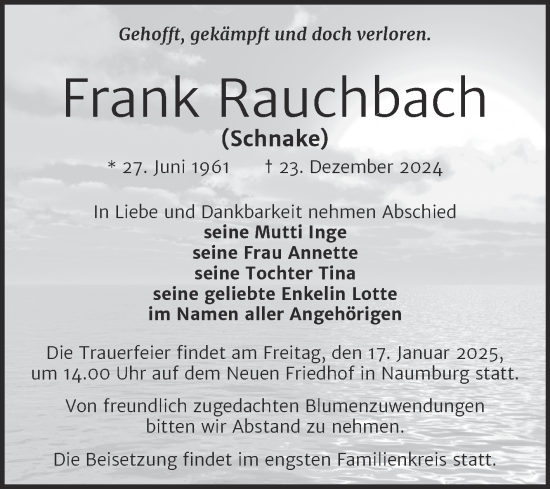 Traueranzeige von Frank Rauchbach von Super Sonntag Naumburg/Nebra