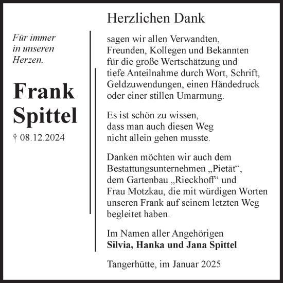 Traueranzeige von Frank Spittel von Volksstimme Altmark Ost