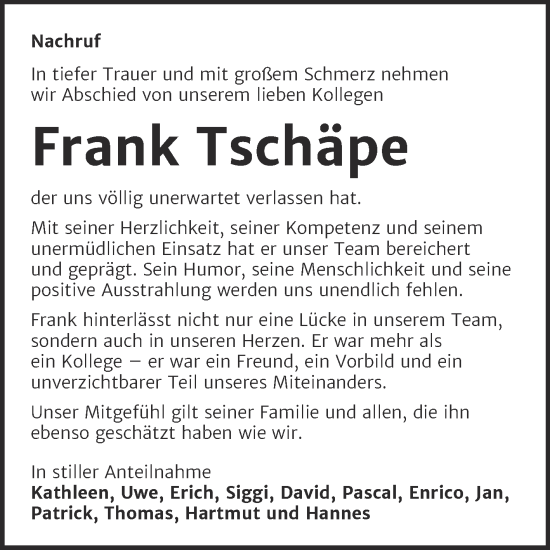 Traueranzeige von Frank Tschäpe von Super Sonntag Naumburg/Nebra