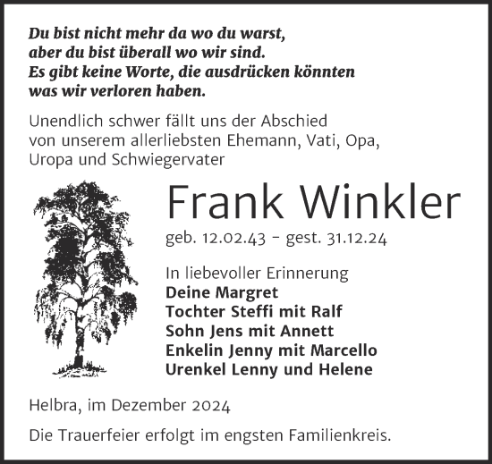 Traueranzeige von Frank Winkler von Trauerkombi Mansfelder Land