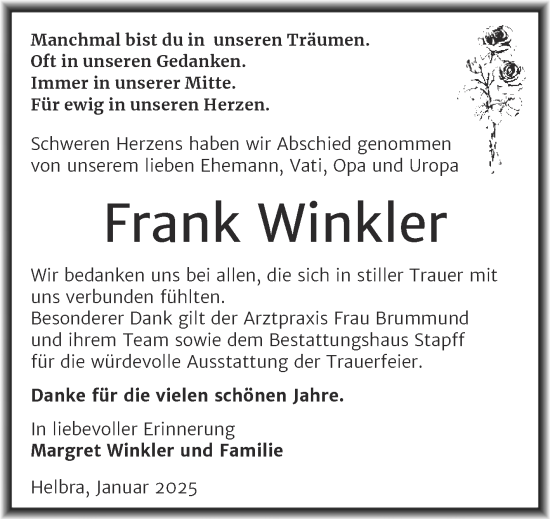 Traueranzeige von Frank Winkler von Trauerkombi Mansfelder Land