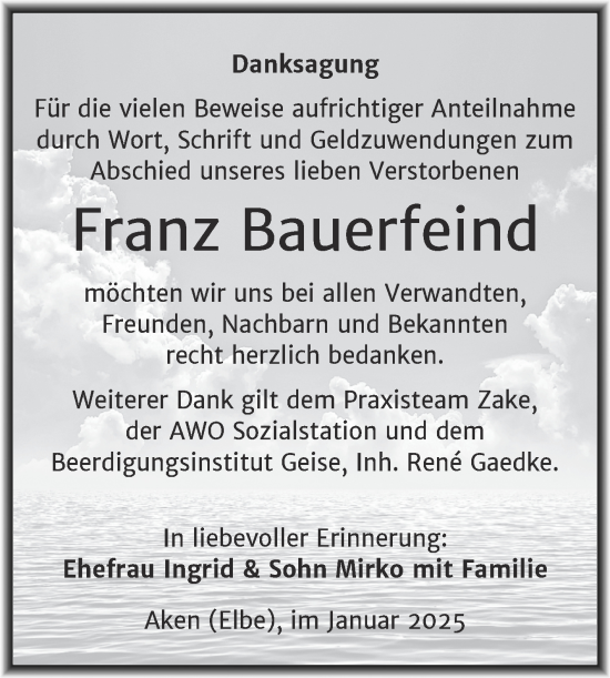 Traueranzeige von Franz Bauerfeind von Trauerkombi Köthen
