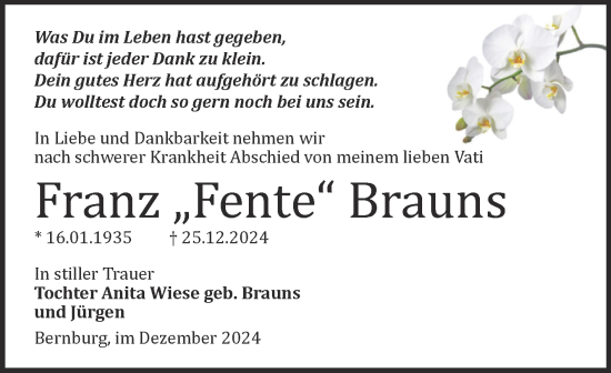 Traueranzeige von Franz Brauns von Trauerkombi Bernburg