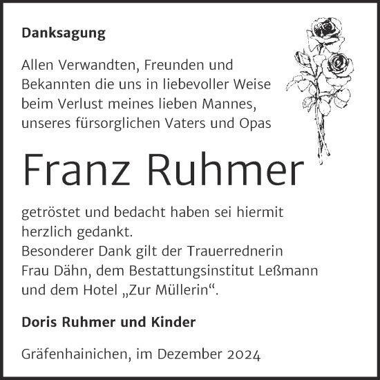 Traueranzeige von Franz Ruhmer von Trauerkombi Wittenberg