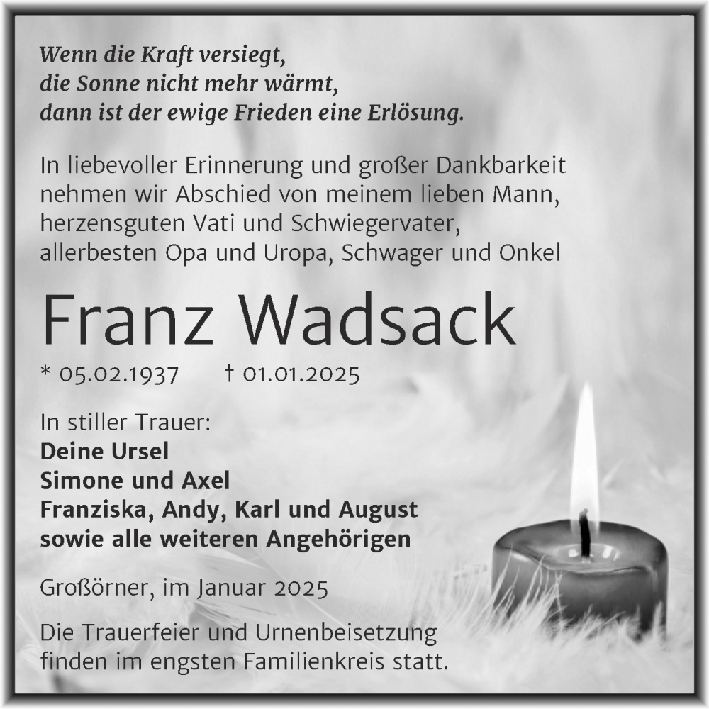  Traueranzeige für Franz Wadsack vom 08.01.2025 aus Trauerkombi Mansfelder Land