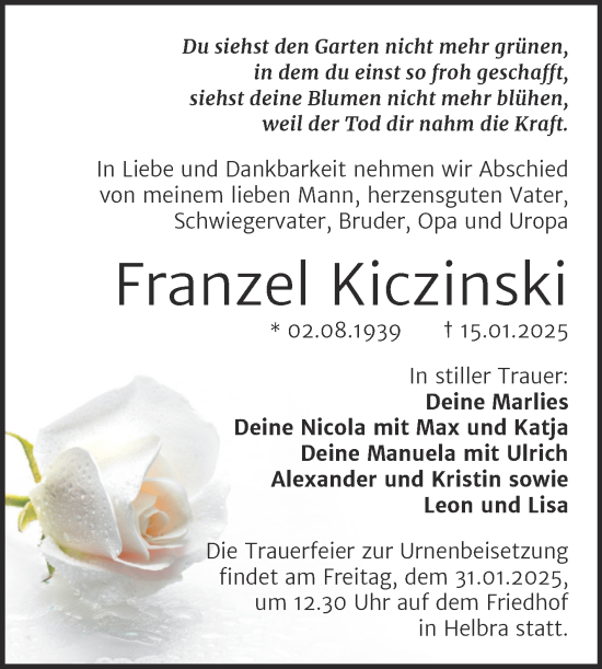 Traueranzeige von Franzel Kiczinski von Mitteldeutsche Zeitung Mansfelder Land