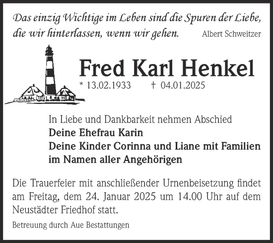 Traueranzeige von Fred Karl Henkel von Volksstimme Magdeburg