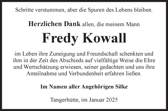 Traueranzeige von Fredy Kowall von Volksstimme Altmark Ost