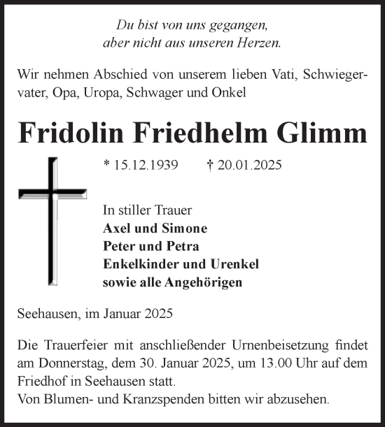 Traueranzeige von Fridolin Friedhelm Glimm von Volksstimme Altmark Ost