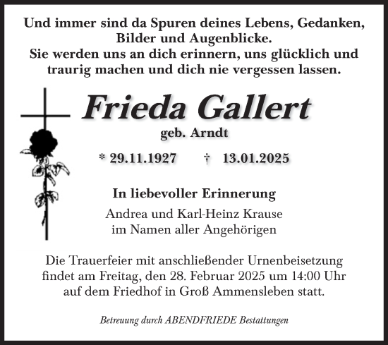 Traueranzeige von Frieda Gallert von Volksstimme Haldensleben/Wolmirstedt