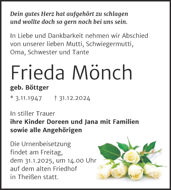 Traueranzeige von Frieda Mönch von Trauerkombi Zeitz