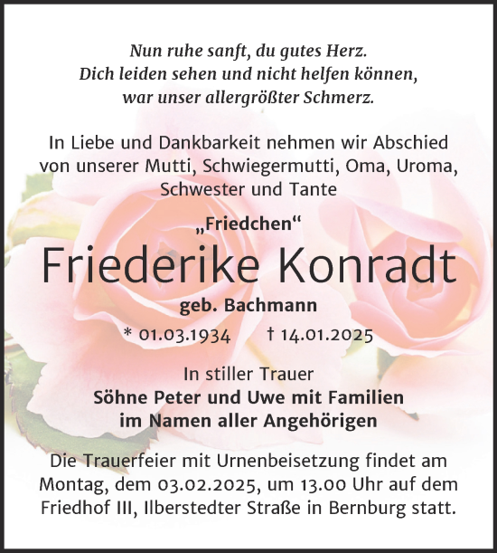 Traueranzeige von Friederike Konradt von Trauerkombi Bernburg