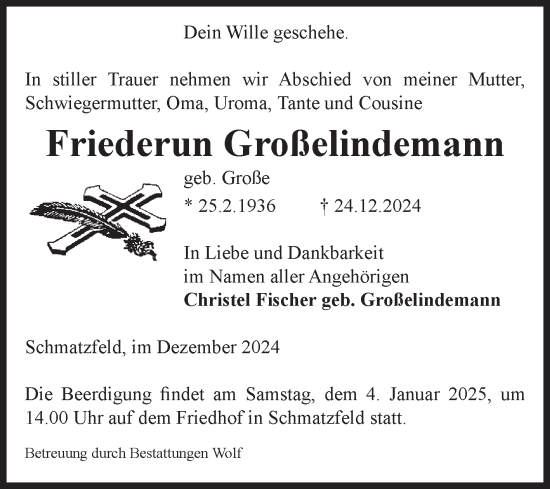 Traueranzeige von Friederun Großelindemann von Volksstimme Wernigerode