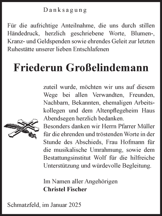 Traueranzeige von Friederun Großelindemann von Volksstimme Wernigerode