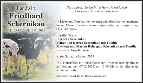 Traueranzeige von Friedhard Schernikau von Volksstimme Altmark West
