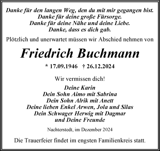 Traueranzeige von Friedrich Buchmann von Trauerkombi Aschersleben