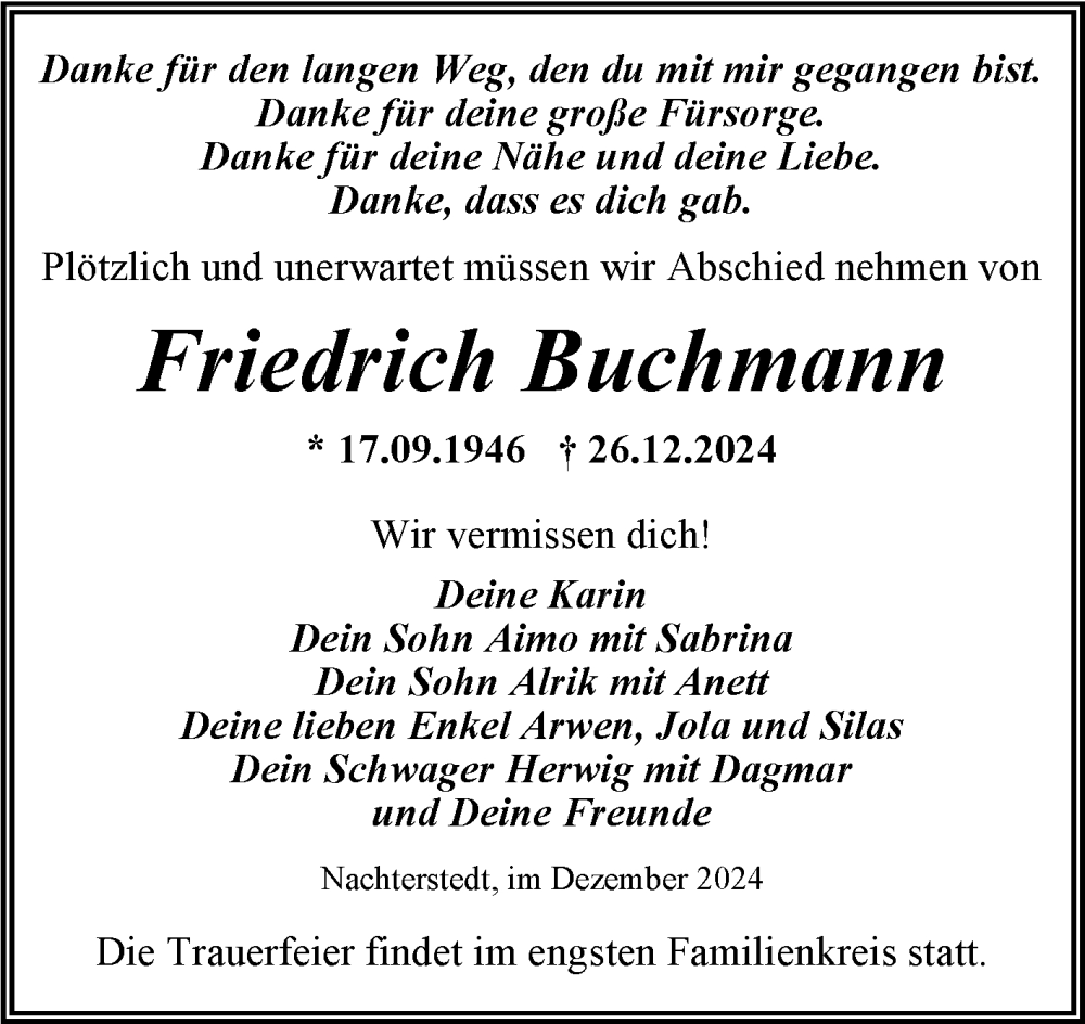  Traueranzeige für Friedrich Buchmann vom 11.01.2025 aus Trauerkombi Aschersleben