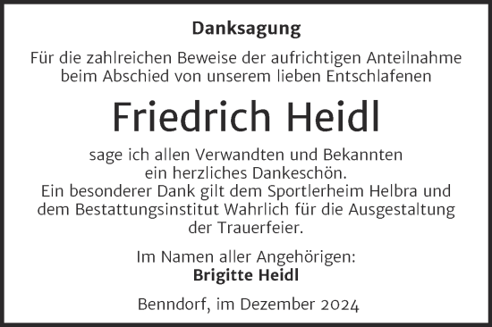 Traueranzeige von Friedrich Heidl von Trauerkombi Mansfelder Land