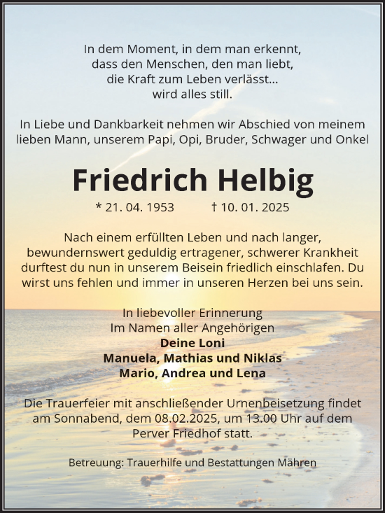 Traueranzeige von Friedrich Helbig von Volksstimme Altmark West