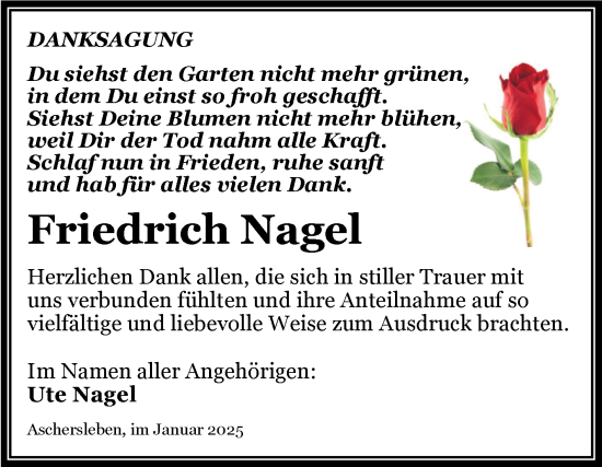 Traueranzeige von Friedrich Nagel von Mitteldeutsche Zeitung Aschersleben