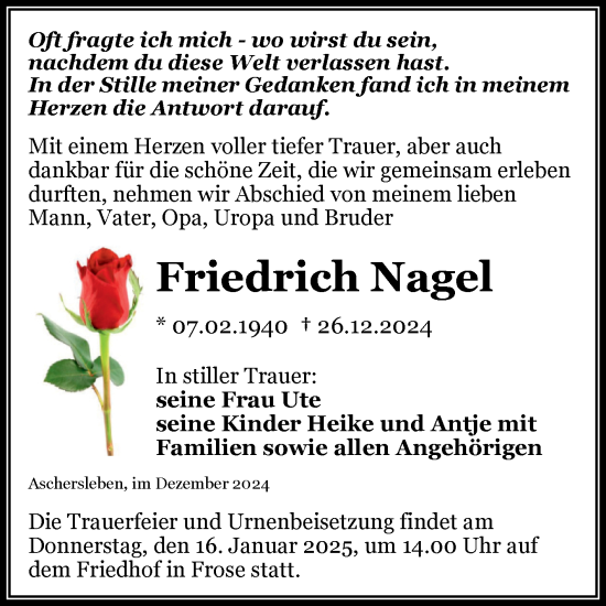 Traueranzeige von Friedrich Nagel von Mitteldeutsche Zeitung Aschersleben