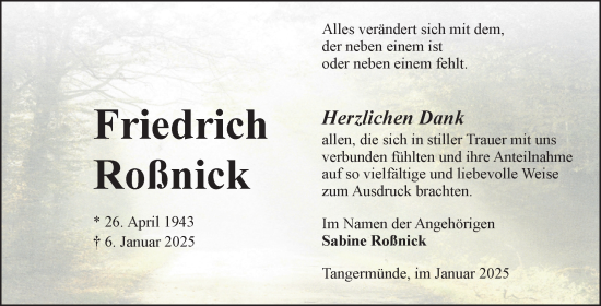 Traueranzeige von Friedrich Roßnick von Volksstimme Altmark Ost