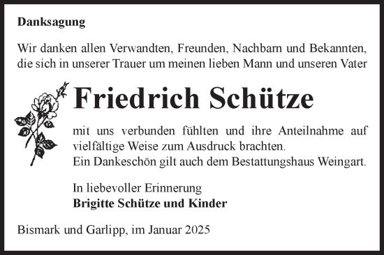 Traueranzeige von Friedrich Schütze von Volksstimme Altmark Ost