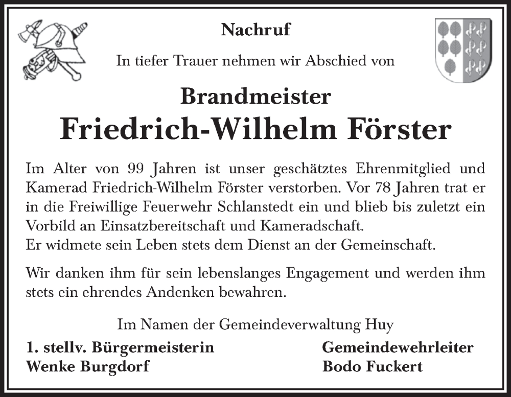  Traueranzeige für Friedrich Wilhelm Förster vom 25.01.2025 aus Volksstimme Halberstadt