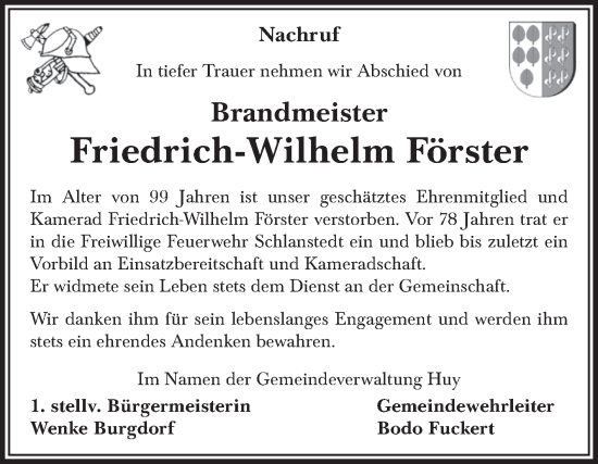 Traueranzeige von Friedrich Wilhelm Förster von Volksstimme Halberstadt