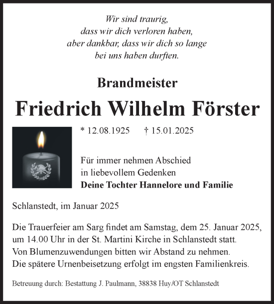 Traueranzeige von Friedrich Wilhelm Förster von Volksstimme Halberstadt