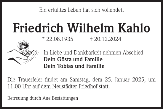 Traueranzeige von Friedrich Wilhelm Kahlo von Volksstimme Magdeburg