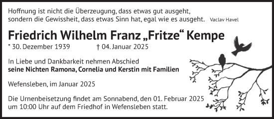 Traueranzeige von Friedrich Wilhelm Franz Kempe von Volksstimme Oschersleben/Wanzleben