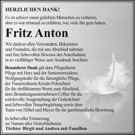 Traueranzeige von Fritz Anton von Trauerkombi Dessau