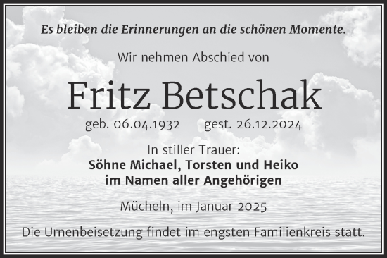 Traueranzeige von Fritz Betschak von Trauerkombi Merseburg