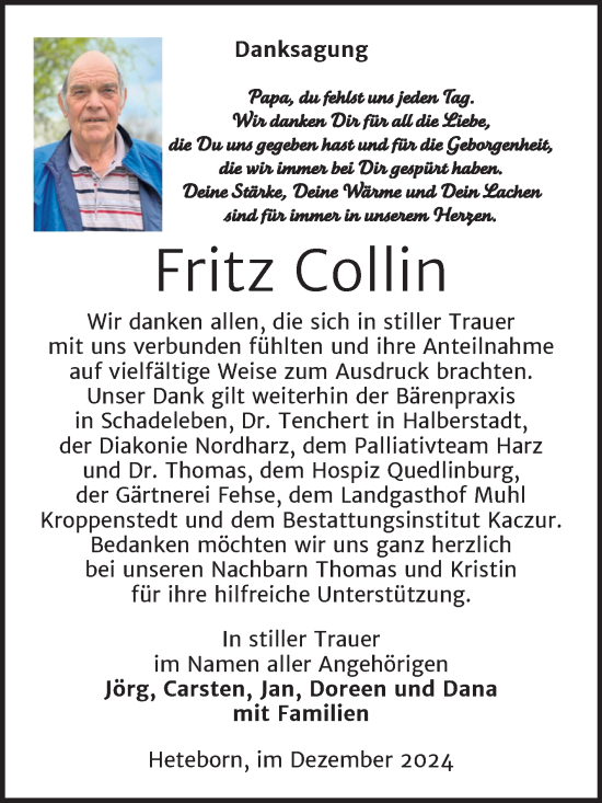 Traueranzeige von Fritz Collin von Super Sonntag Quedlingburg