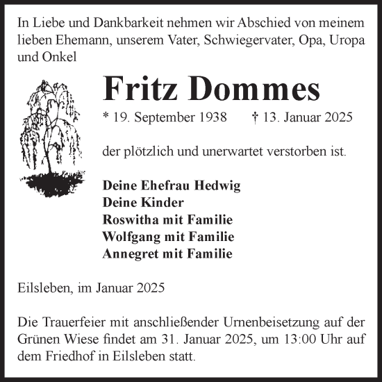 Traueranzeige von Fritz Dommes von Volksstimme Oschersleben/Wanzleben