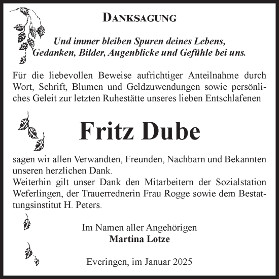 Traueranzeige von Fritz Dube von Volksstimme Haldensleben/Wolmirstedt