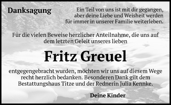 Traueranzeige von Fritz Greuel von Volksstimme Burg/Genthin