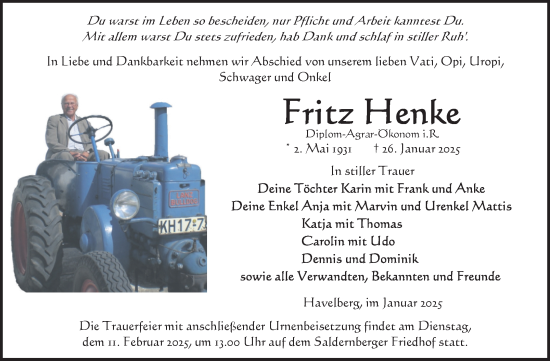 Traueranzeige von Fritz Henke von Volksstimme Altmark Ost