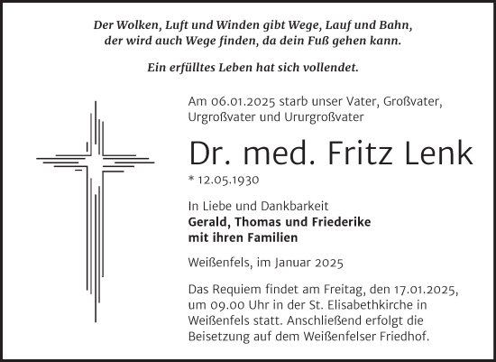 Traueranzeige von Fritz Lenk von Trauerkombi Weißenfels